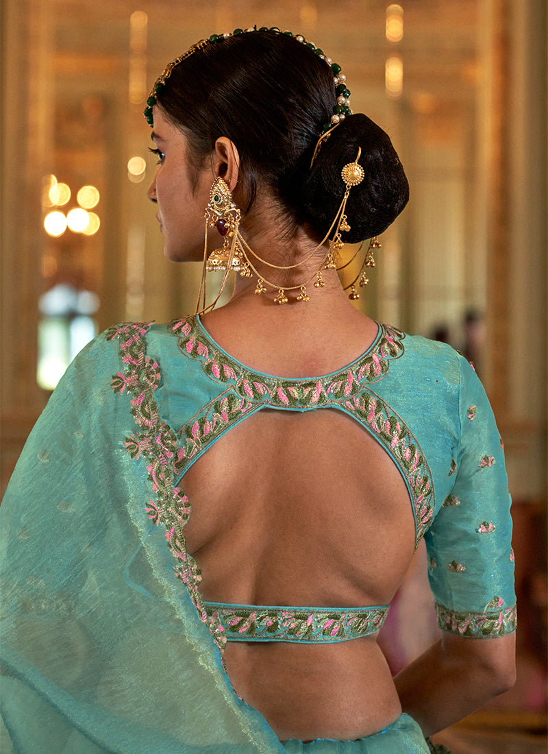 Soft Tissue Aqua Festival Wear Thread Embroidery Work Designer Saree 388250