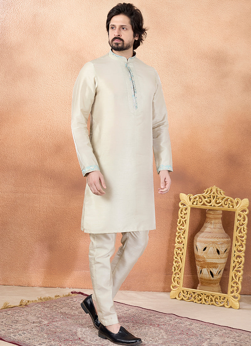 Baige Art Silk Pintux Occasional Wear Readymade Kurta Pajama SW368058