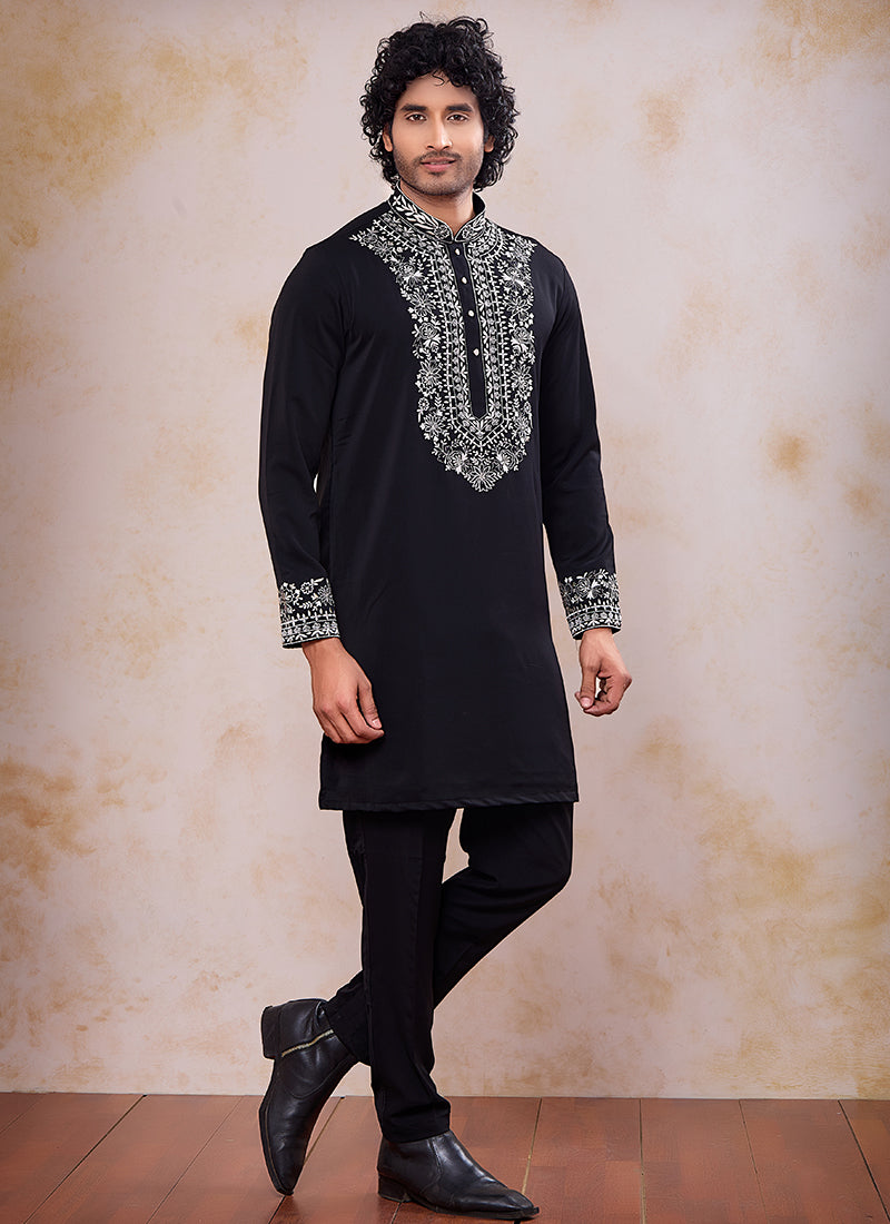 Black Armani Mirror Work Occasional Wear Readymade Kurta Pajama SW874370