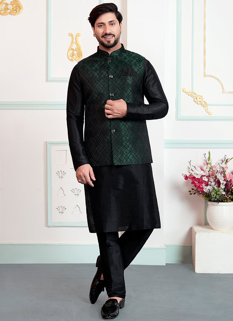Black Art Banarasi Silk Pattern Pcs Wedding Wear Readymade Modi Jacket Kurta Pajama SW253038