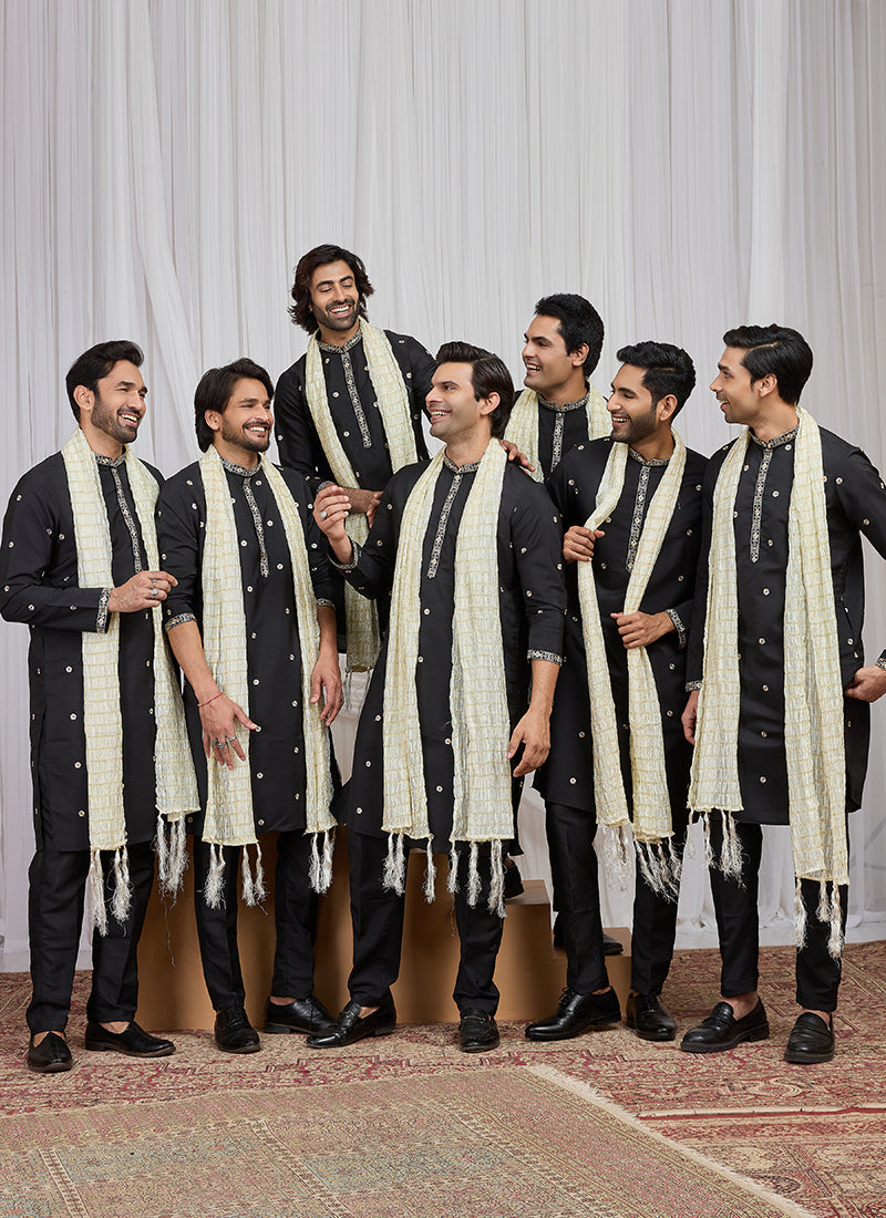 Black Art Silk Patten Pcs Occasional Wear Readymade Kurta Pajama With Stole SW428469