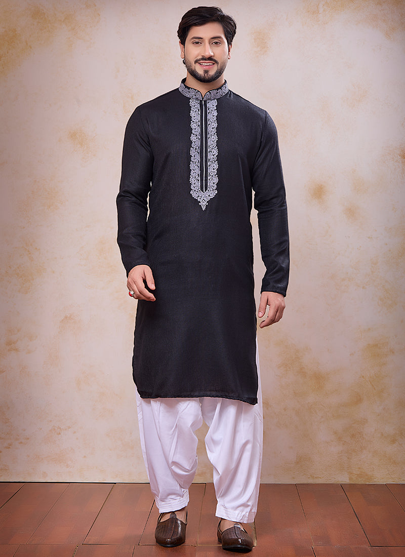 Black Linen Cotton Embroidery Work Occasional Wear Readymade Kurta Pajama SW798998