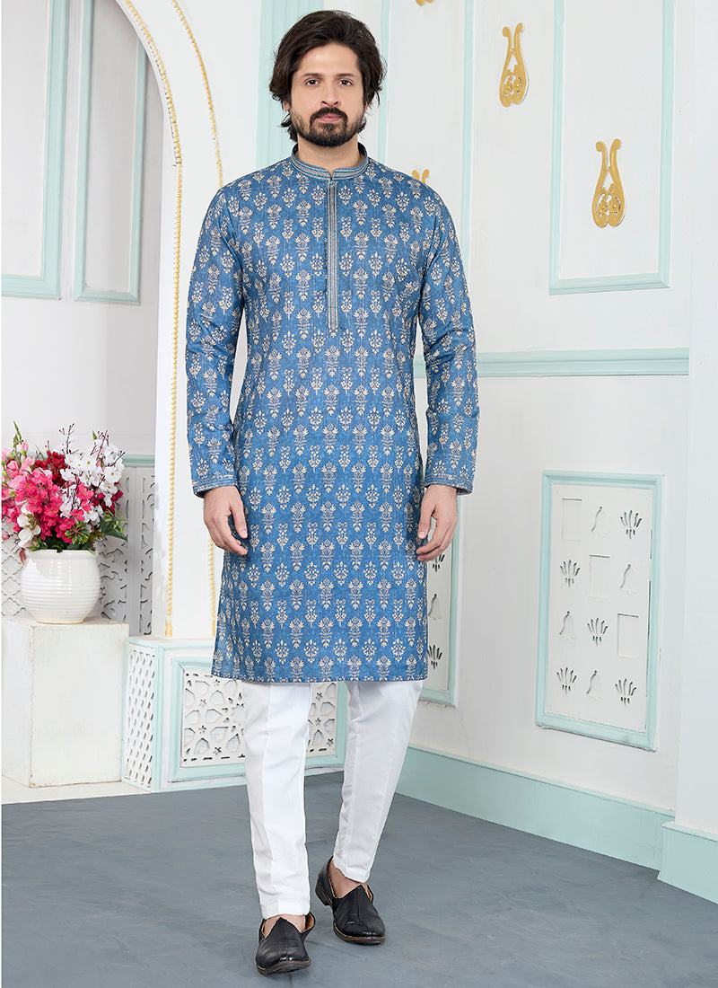 Blue Art Silk Pintux Eid Wear Readymade Kurta Pajama SW973711