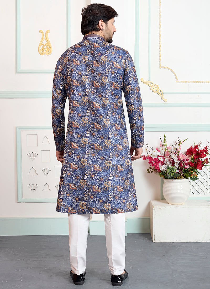 Blue Art Silk Pintux Eid Wear Readymade Kurta Pajama SW793740