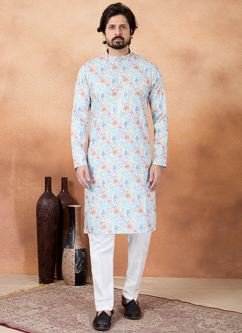 Blue Art Silk Pattern Pcs Festival Wear Readymade Kurta Pajama SW104555