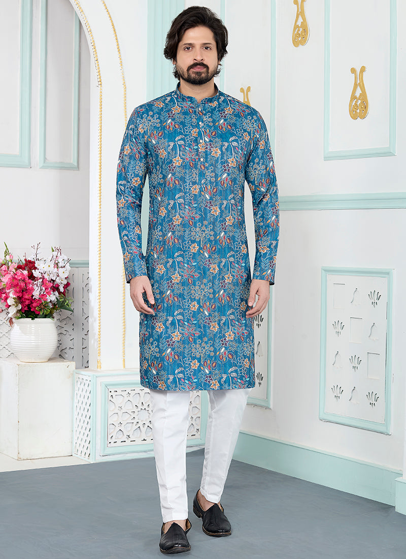 Blue Art Silk Pattern Pcs Festival Wear Readymade Kurta Pajama SW256819