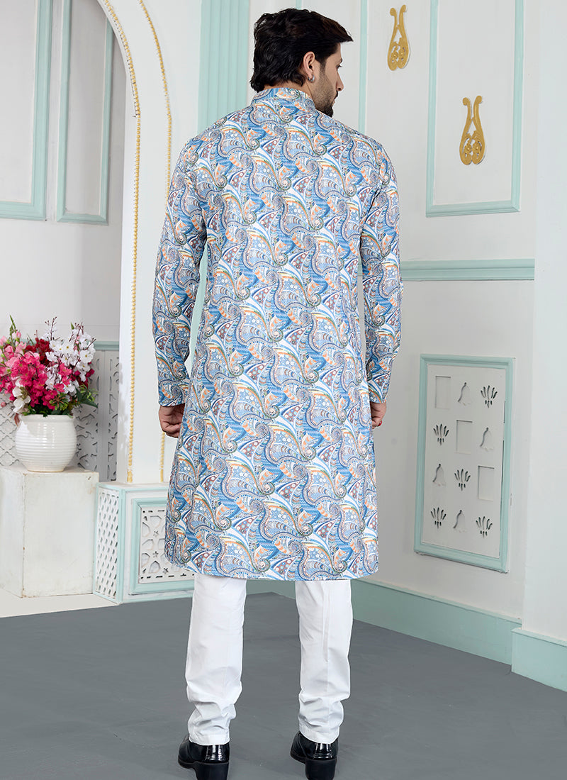 Blue Art Silk Pattern Pcs Festival Wear Readymade Kurta Pajama SW958518