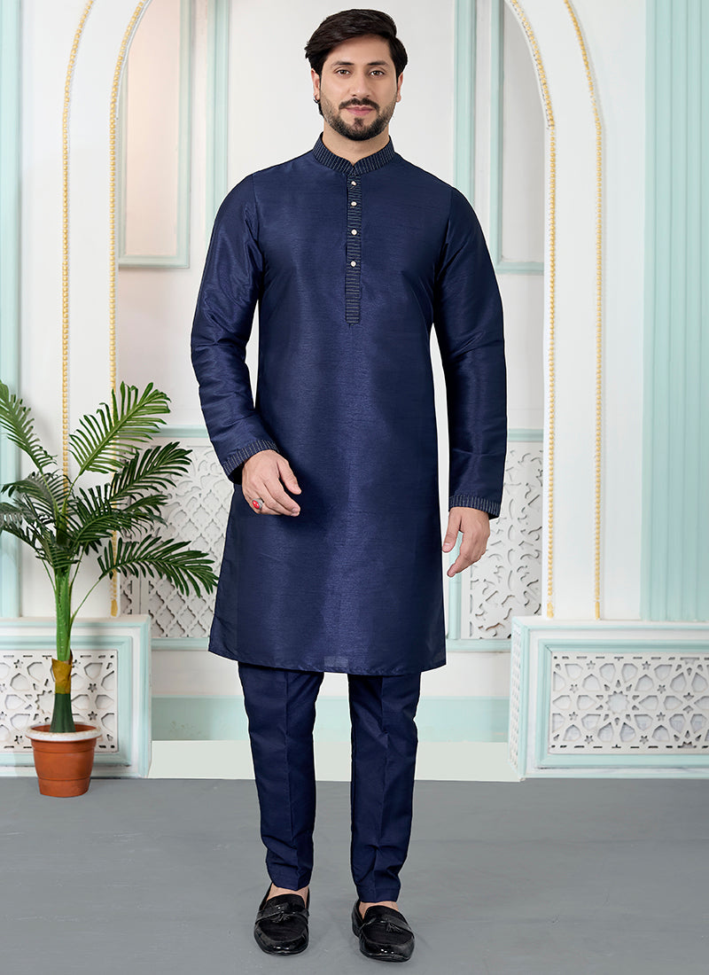 Blue Art Silk Pintux Occasional Wear Readymade Kurta Pajama SW487640