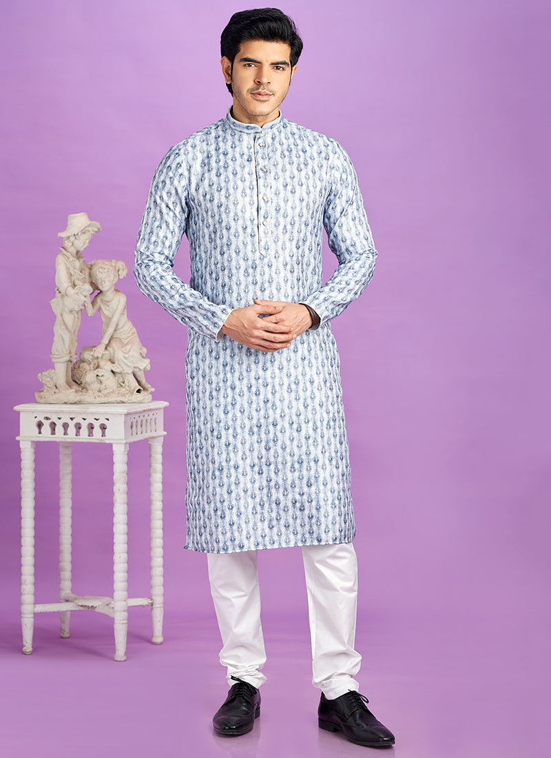 Blue Cotton Pintux Work Festival Wear Readymade Kurta Pajama SW797938