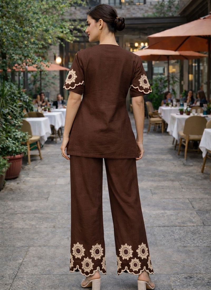 Brown Cotton Stitch Work Daily Wear Readymade Cord Set SW618844