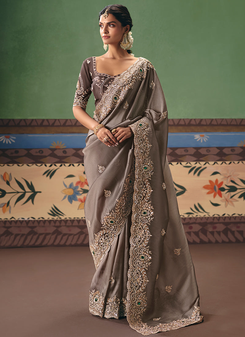 Brown Fancy Embroidery Work Wedding Wear Saree SW612703