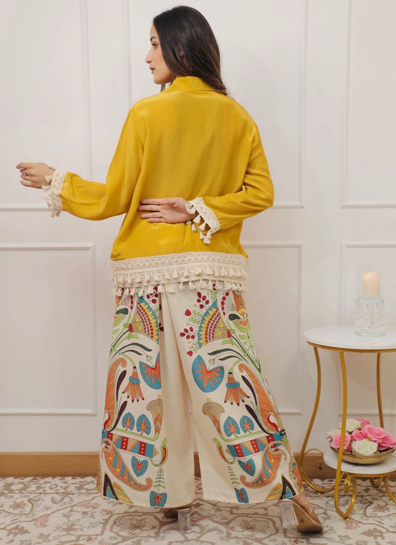 Cotton Slub Yellow Designer Wear Printed Work Readymade Top With Plazzo 383788