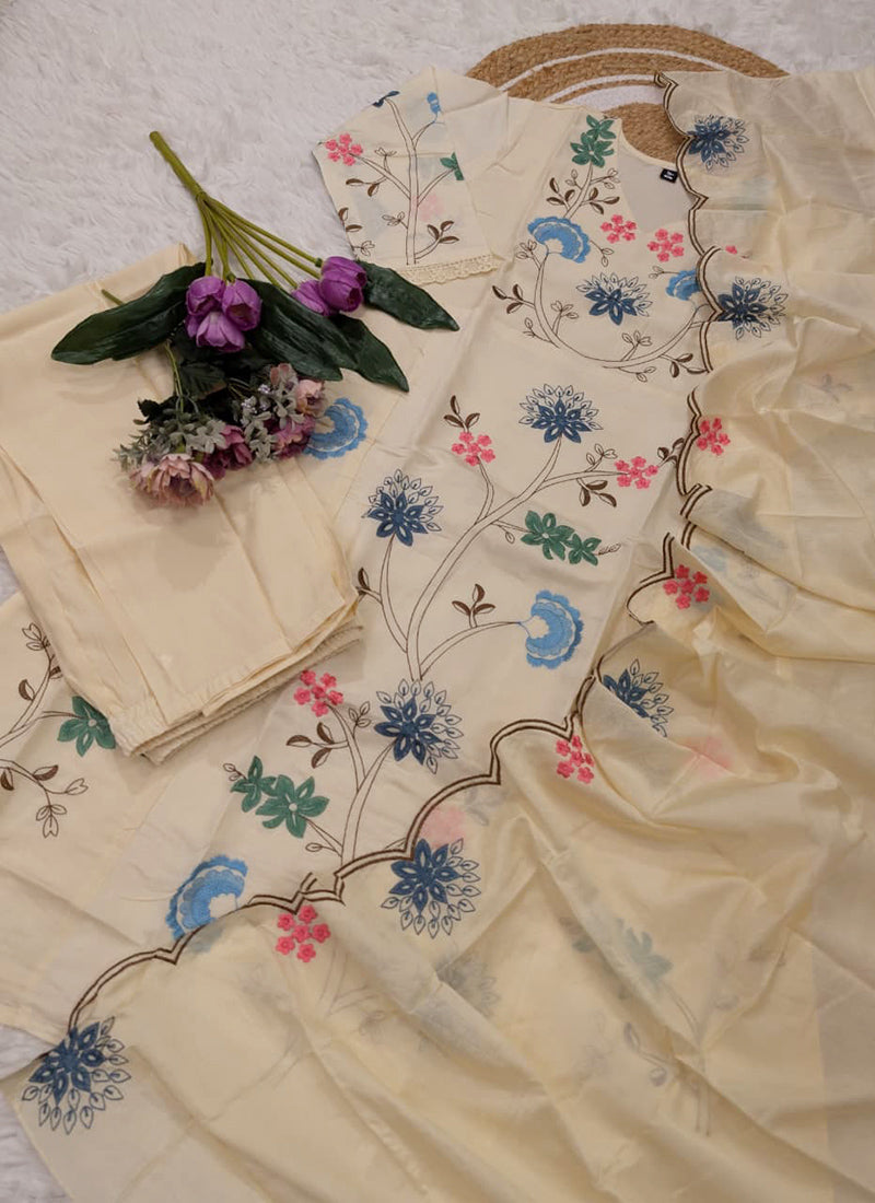 Viscose Cream Festival Wear Embroidery Work Readymade Anarkali Suit 386866