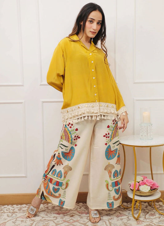 Cotton Slub Yellow Designer Wear Printed Work Readymade Top With Plazzo 383788