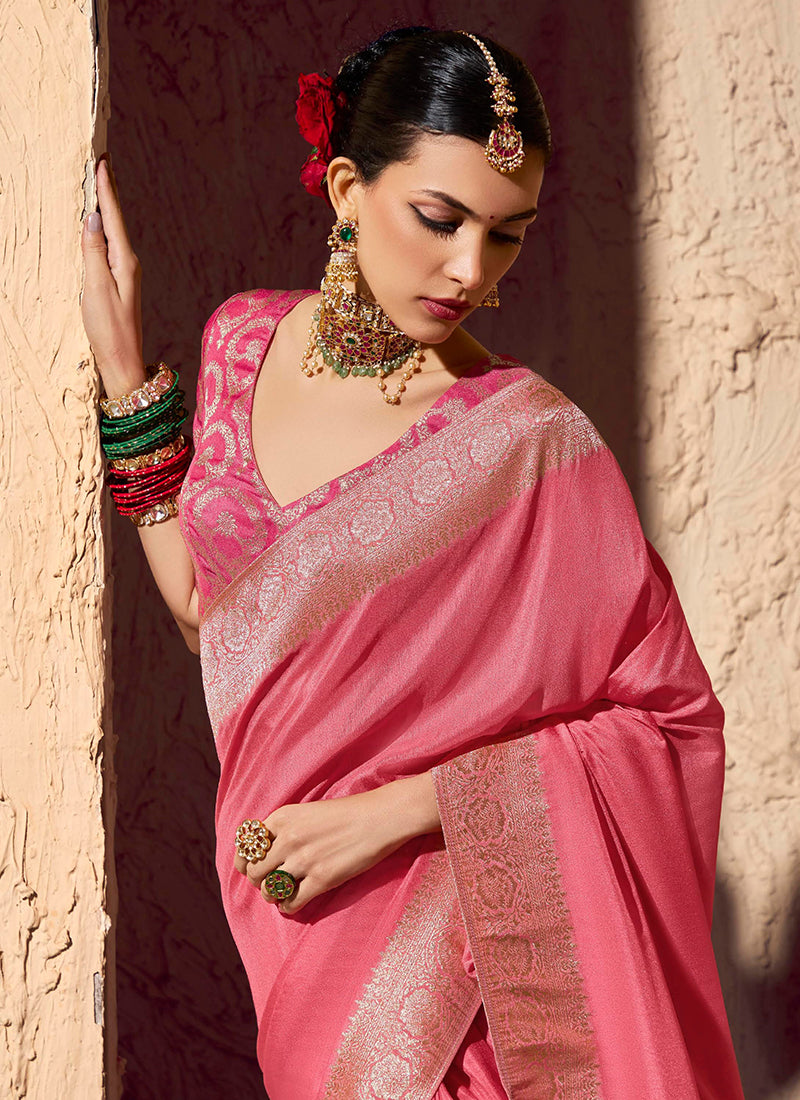 Crepe Georgette Baby Pink Party Wear Weaving Work Saree 386533