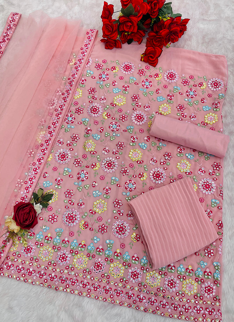 Faux Georgette Baby Pink Festival Wear Thread Embroidery Work Sharara Suit 382771