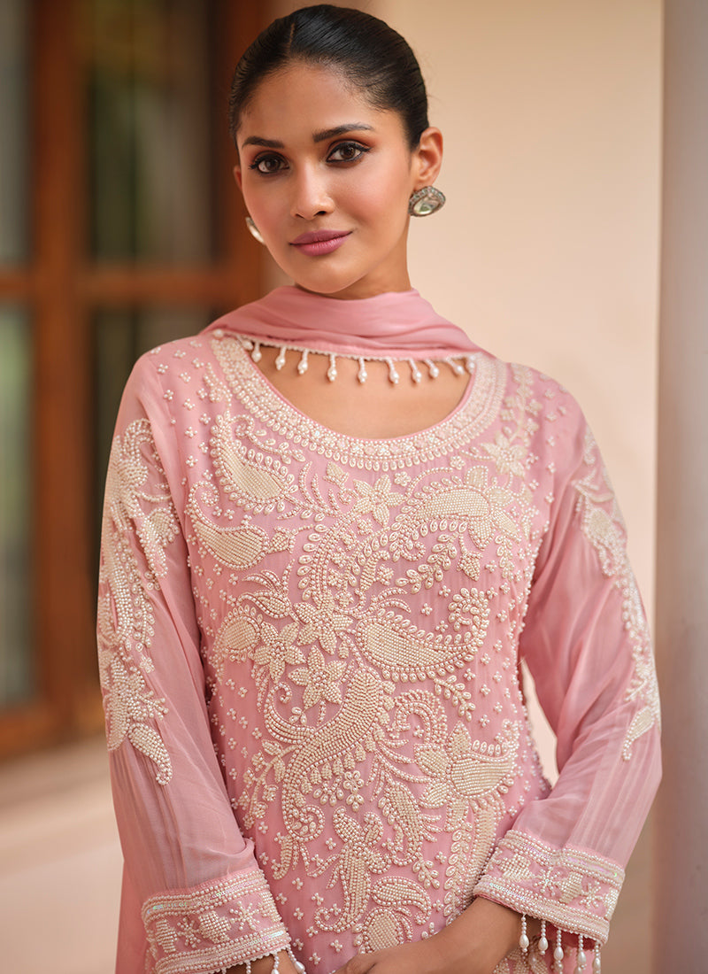 Georgette Baby Pink Party Wear Moti Work Readymade Salwar Suit 386168