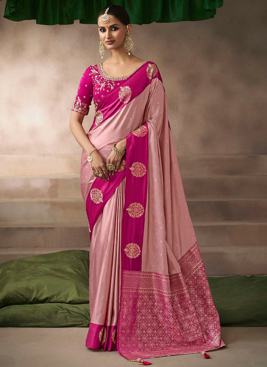 Satin Silk Baby Pink Saree with Zari Work for Occasional Wear 383505