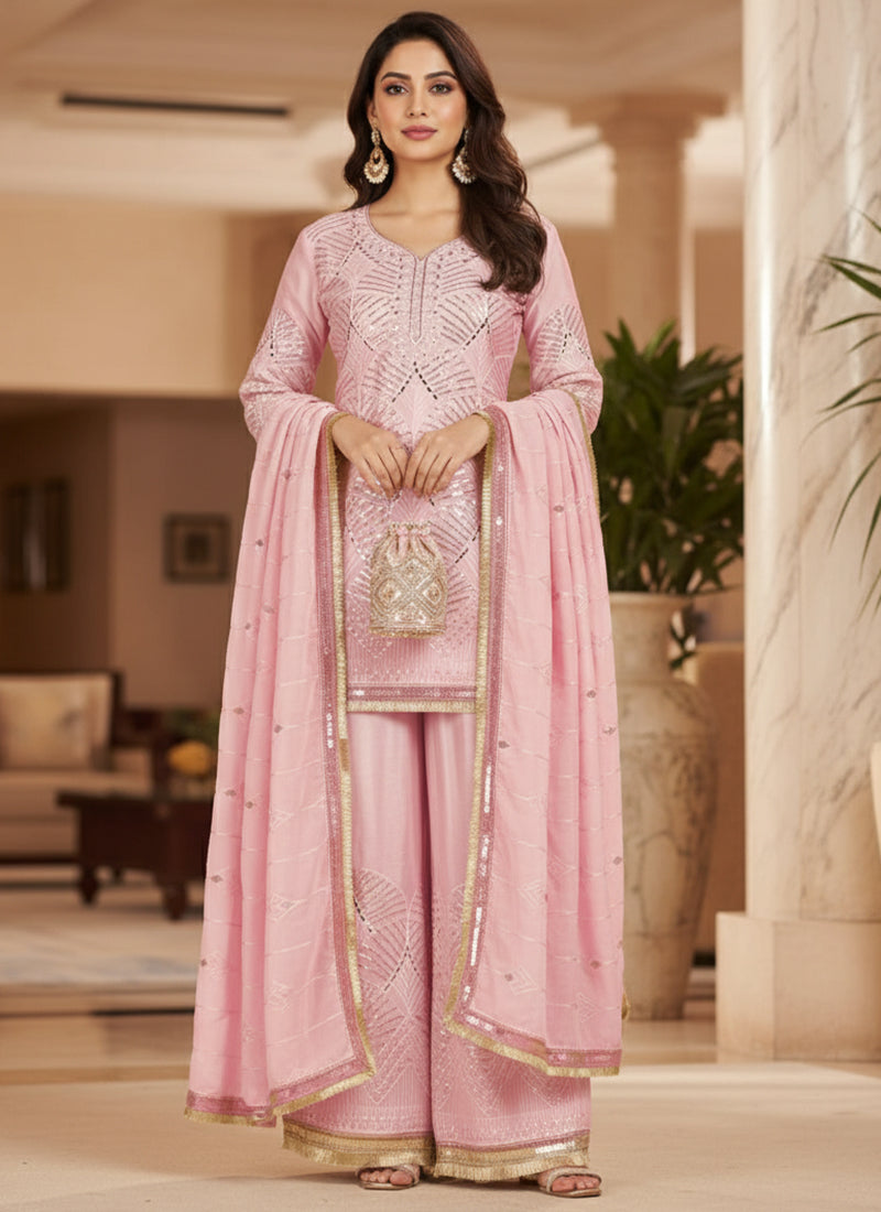 Baby Pink Silk Mirror Work Occasional Wear Readymade Plazzo Suit SW672014