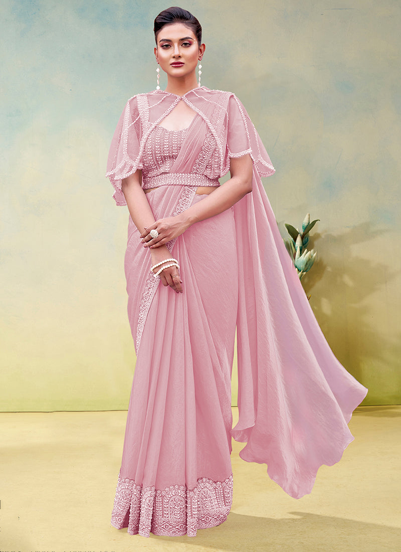 Baby Pink Two Tone Satin Silk Sequin Work Party Wear Ready To Wear Saree SW889877