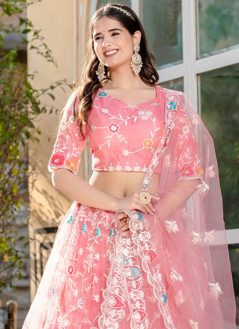 Baby Pink Soft Net Thread Embroidery Work Wedding Wear Lehenga Choli SW226821