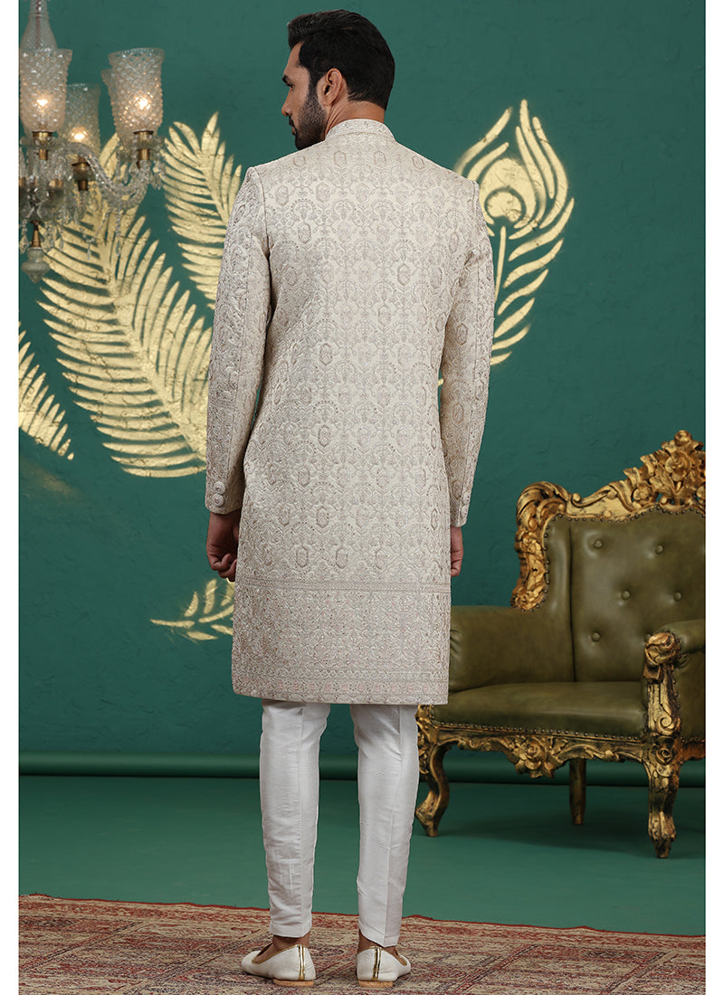Art Silk Beige Groom Wear Thread Work Readymade Sherwani 385485