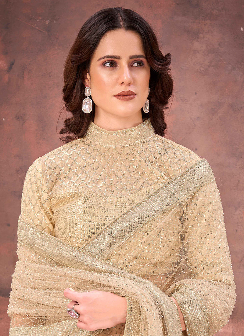 Crush Satin Beige Wedding Wear Bead Work Ready To Wear Saree 387527