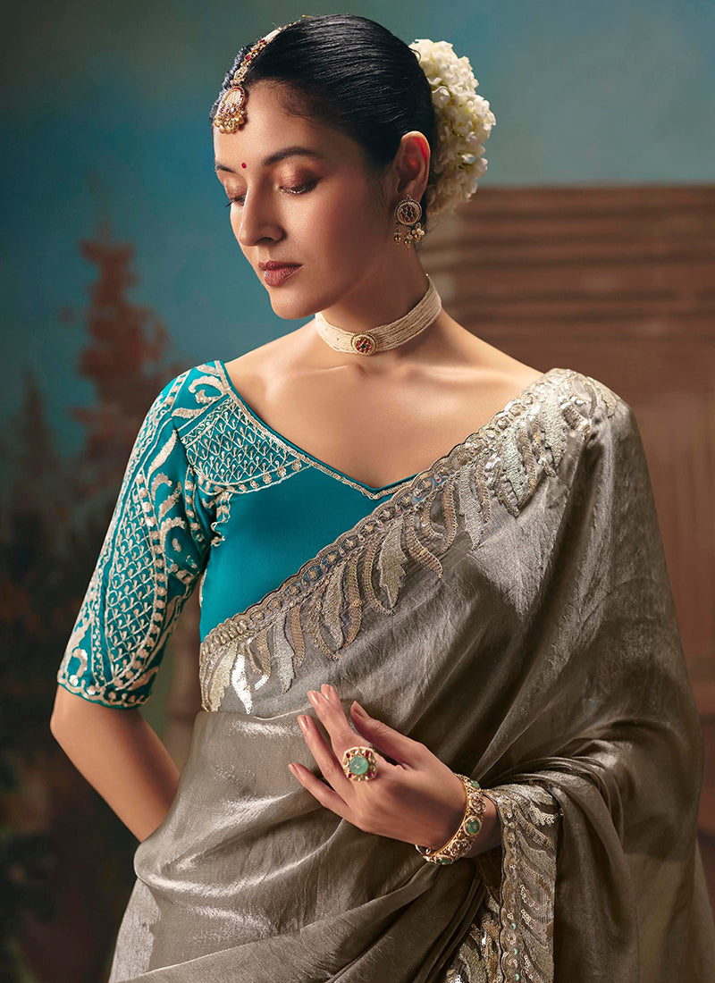 Beige Fancy Sequins Work Wedding Wear Saree SW810718