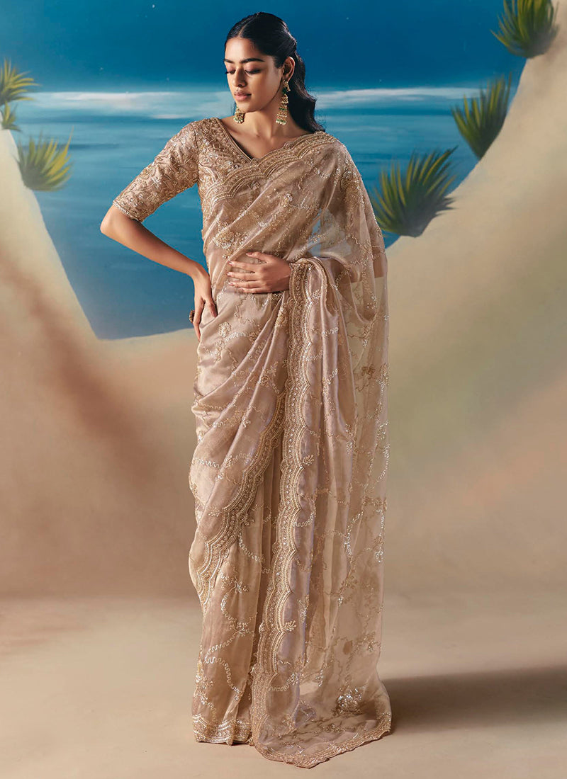 Fancy Beige Saree with Sequins Work for Wedding Wear 385416