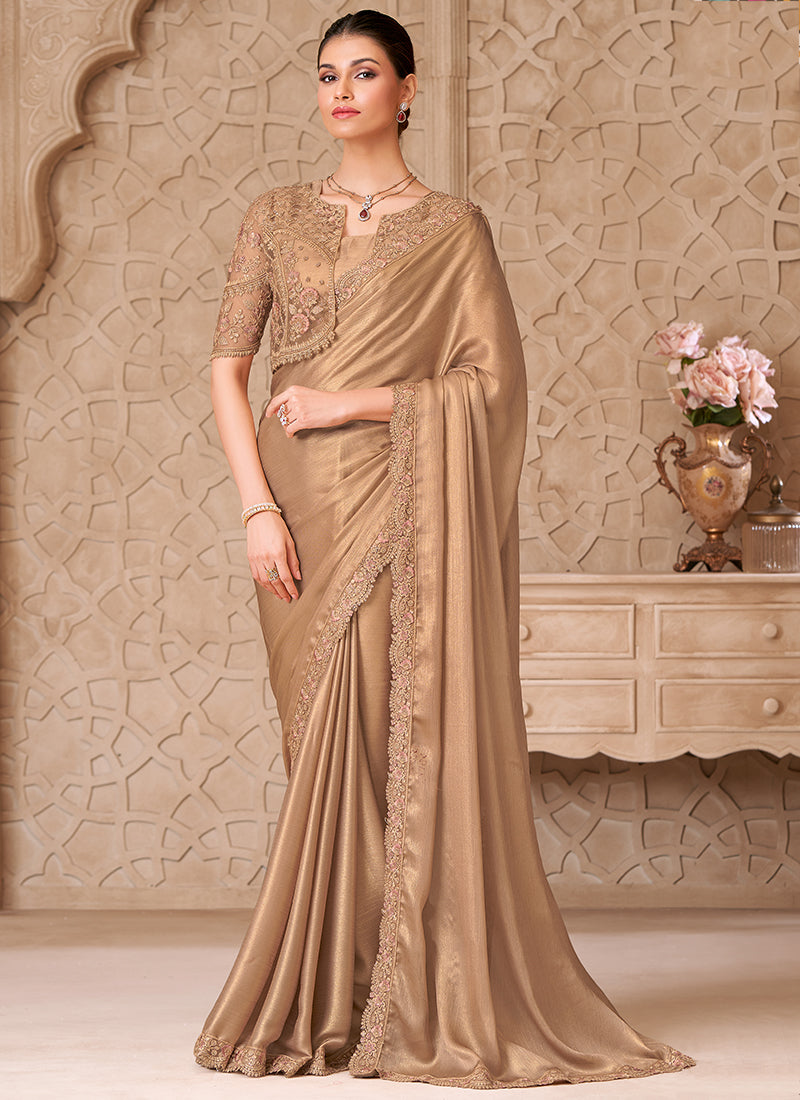Georgette Beige Party Wear Embroidery Work Saree 385716