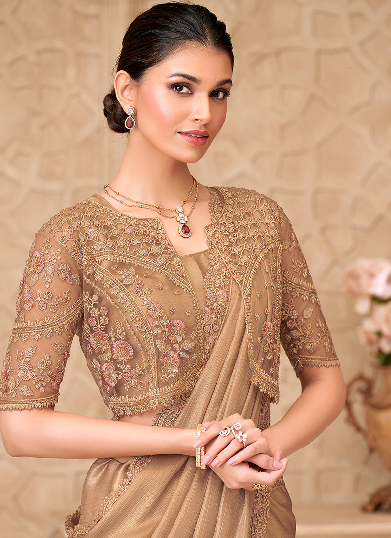Georgette Beige Party Wear Embroidery Work Saree 385716