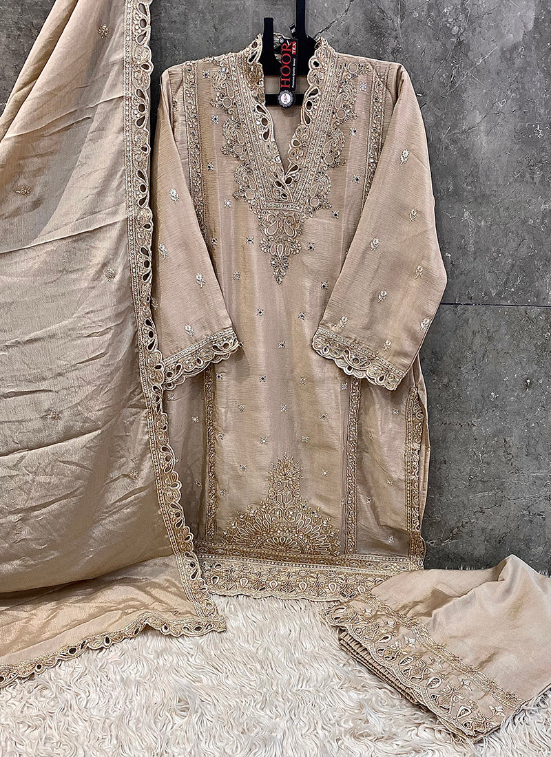 Heavy Chinon Beige Eid Wear Zari Work Readymade Pakistani Suit 388115