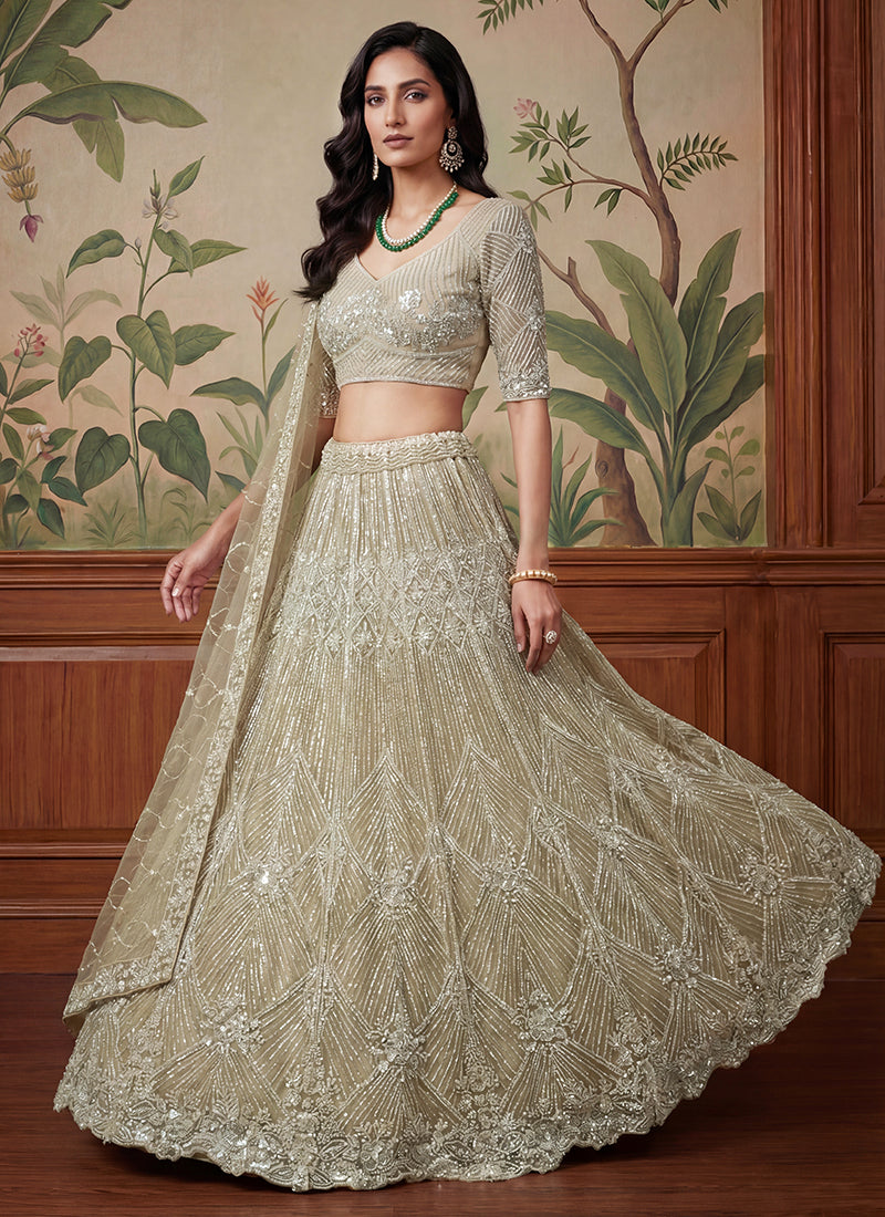 Beige Net Embroidery Work Bridal Wear Lehenga Choli SW552736