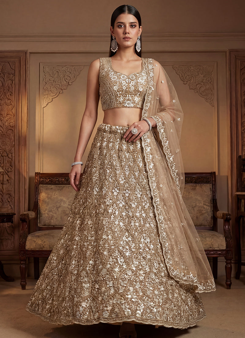 Beige Net Embroidery Work Bridal Wear Lehenga Choli SW920261