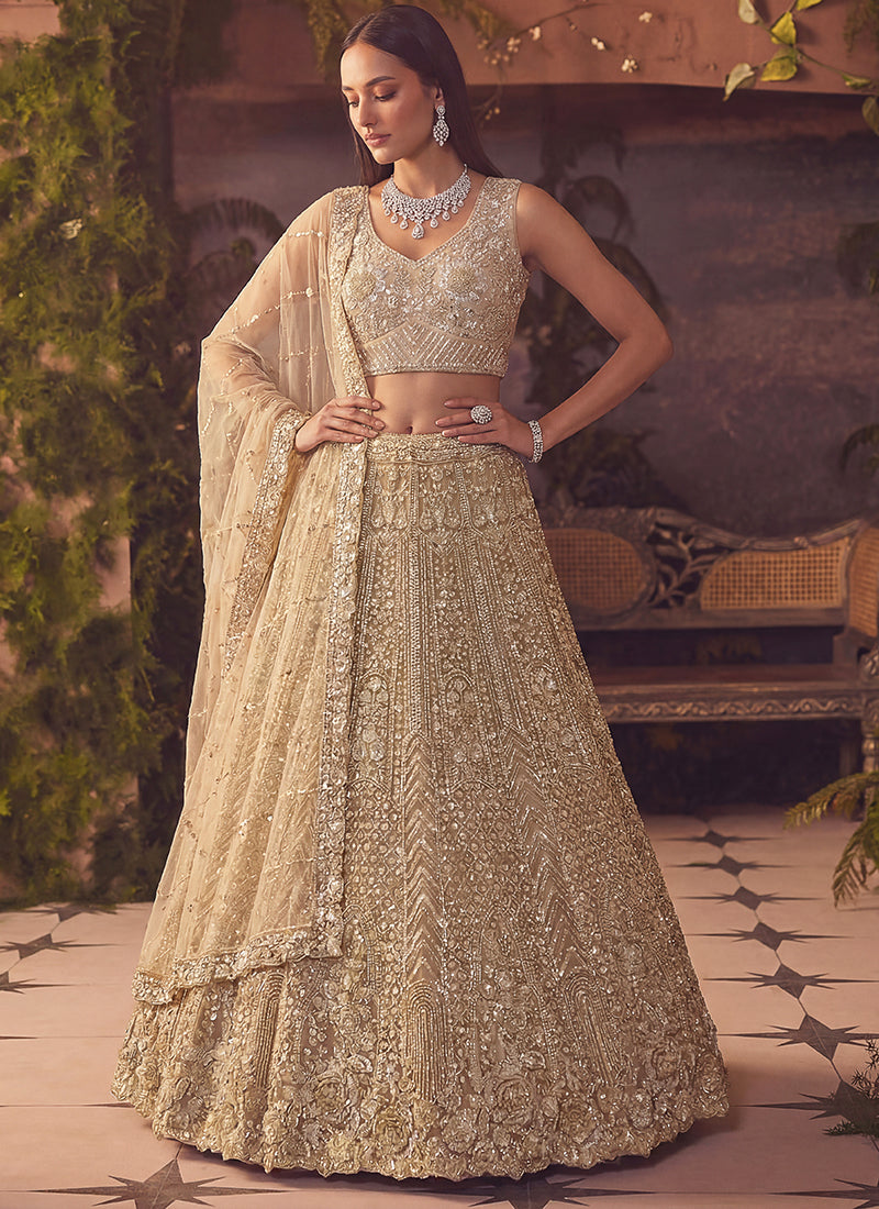 Beige Net Sequins Work Wedding Wear Lehenga Choli SW600054