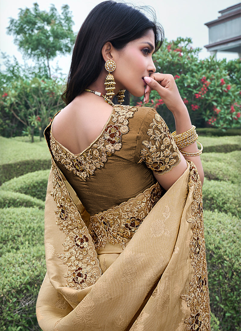 Beige Pure Tissue Silk Embroidery Work Occasional Wear Saree SW963278