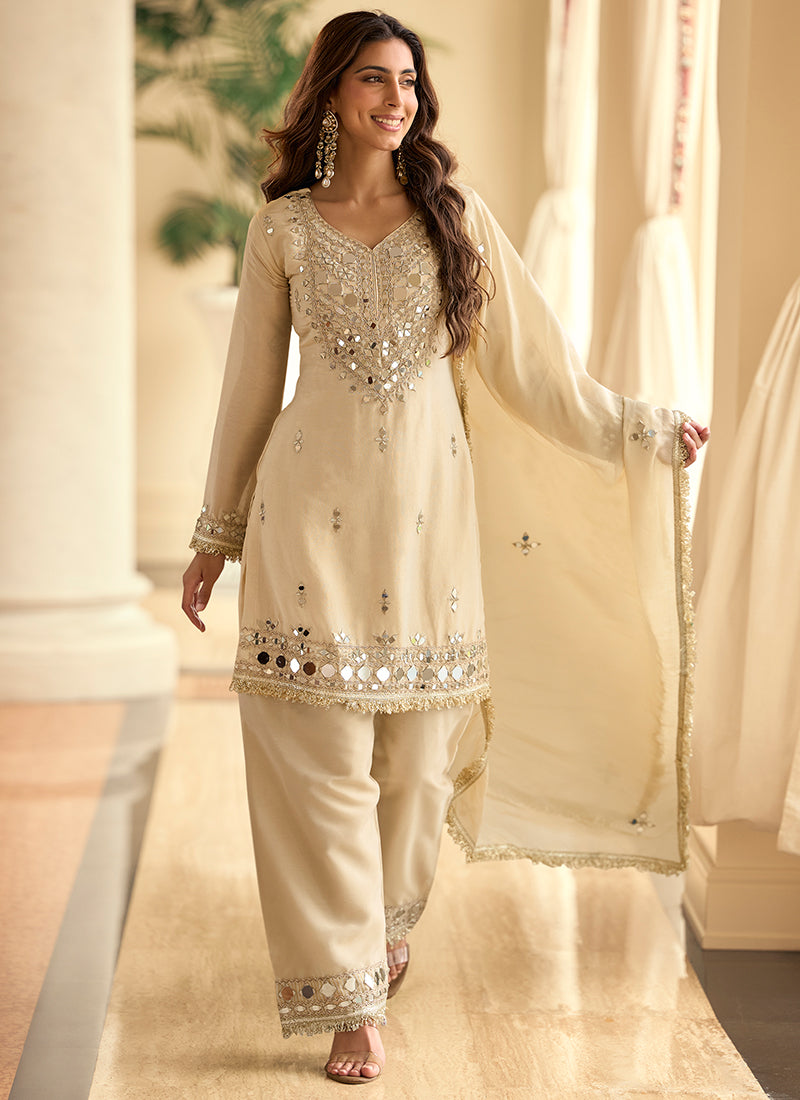 Beige Shimmer Silk Mirror Work Occasional Wear Readymade Plazzo Suit SW858407