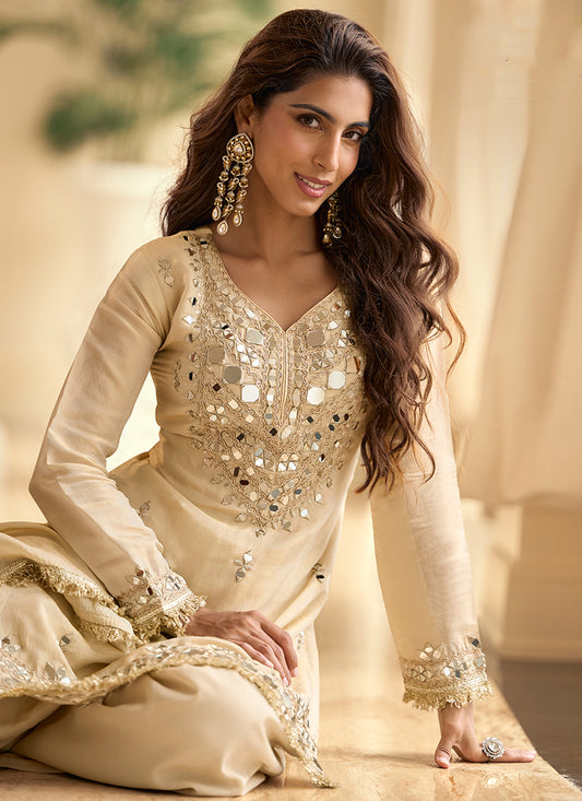 Beige Shimmer Silk Mirror Work Occasional Wear Readymade Plazzo Suit SW858407