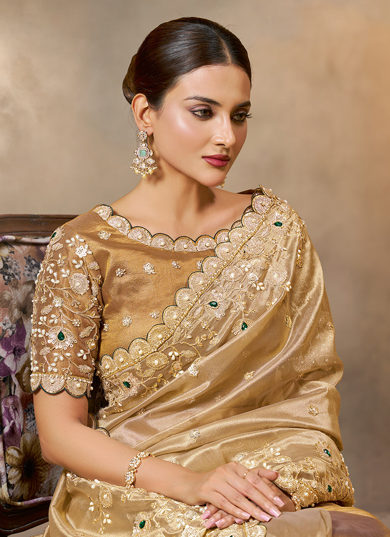 Silk Beige Wedding Wear Embroidery Work Saree 386109
