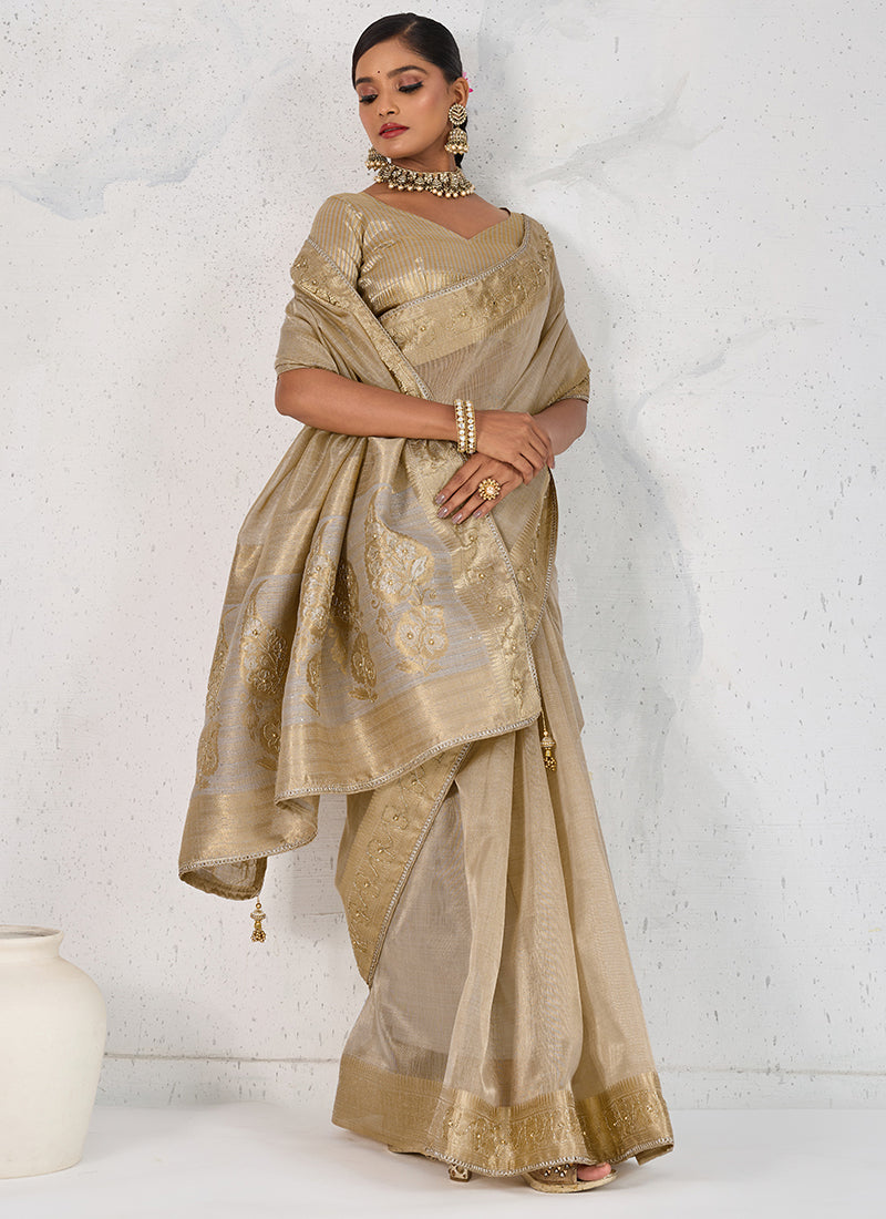 Tissue Linen Beige Saree with Zardosi Work for Bridal Wear 380352