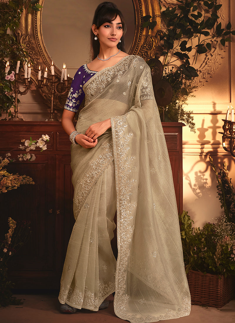 Tissue Organza Beige Saree with Sequin Work for Wedding Wear 383994