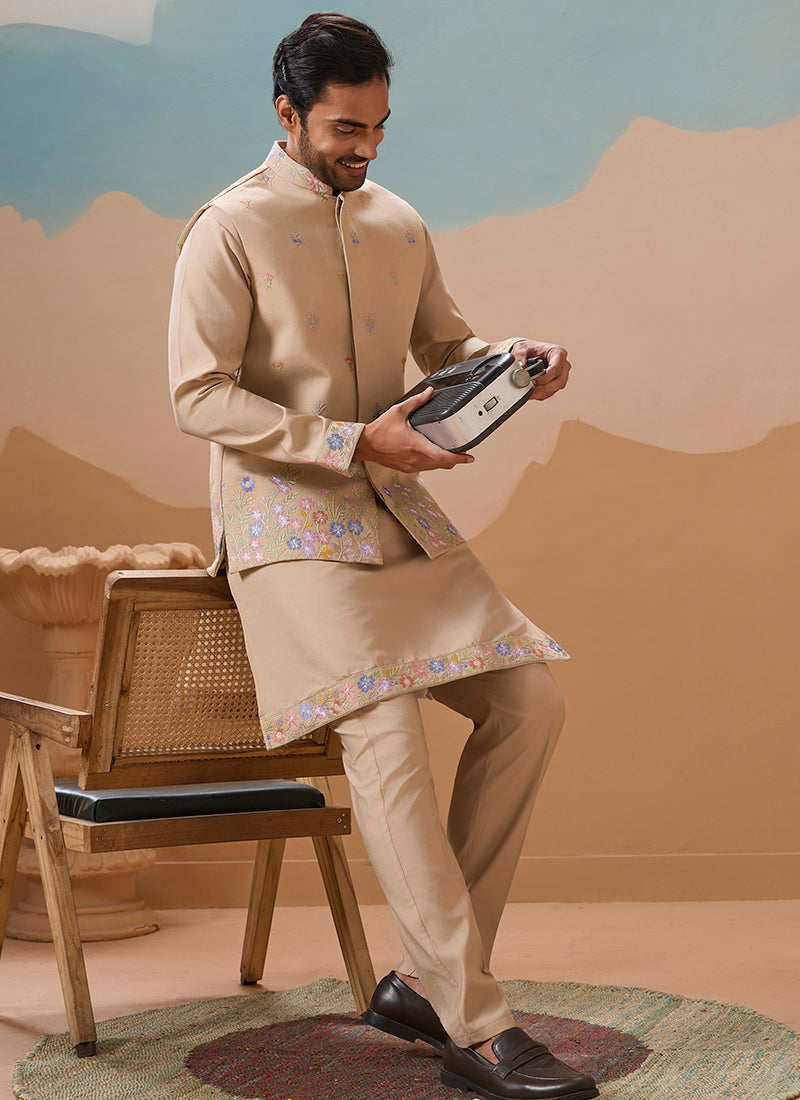 Viscose Silk Beige Festival Wear Embroidery Work Readymade Modi Jacket Kurta Pajama 385583