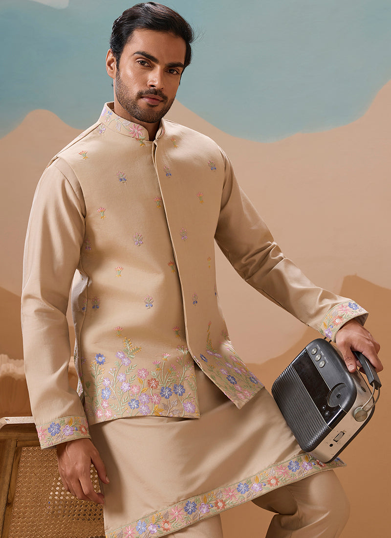 Viscose Silk Beige Festival Wear Embroidery Work Readymade Modi Jacket Kurta Pajama 385583