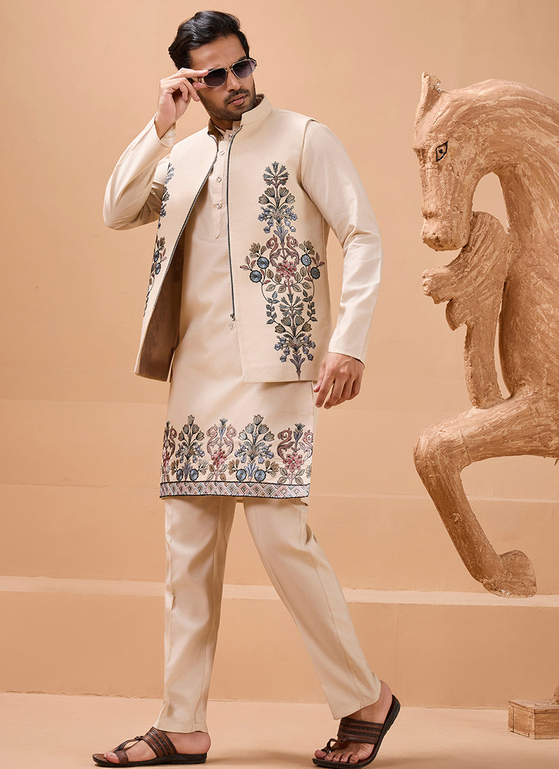 386668 Viscose Silk Beige Festival Wear Sequin Embroidery Work Readymade Modi Jacket Kurta Pajama