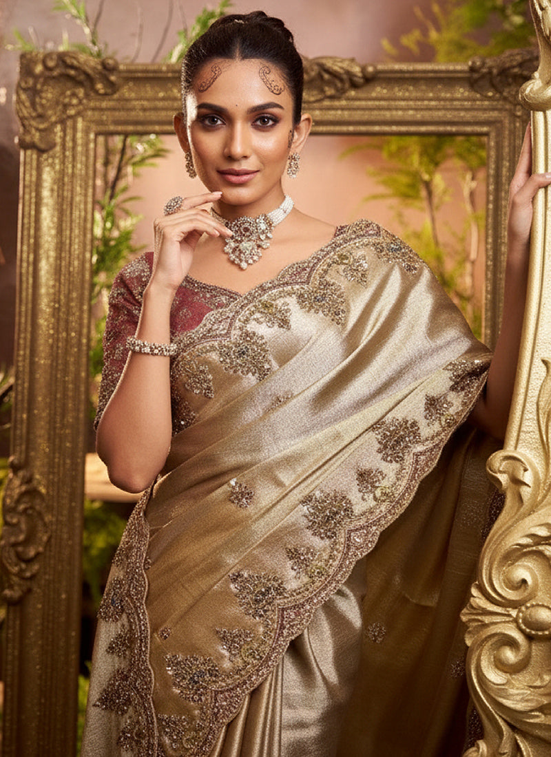 Viscose Silk Beige Wedding Wear Weaving Work Wedding Saree 388732