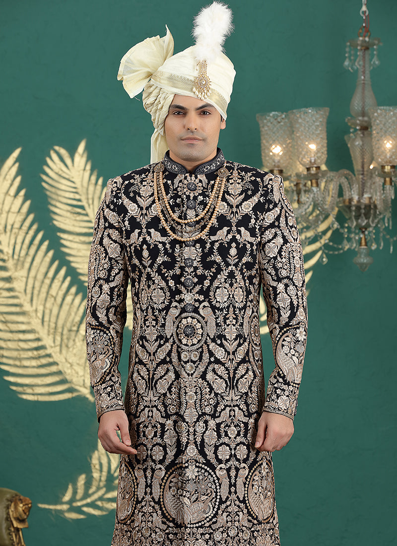 Art Silk Black Groom Wear Thread Work Readymade Groom Sherwani 385478