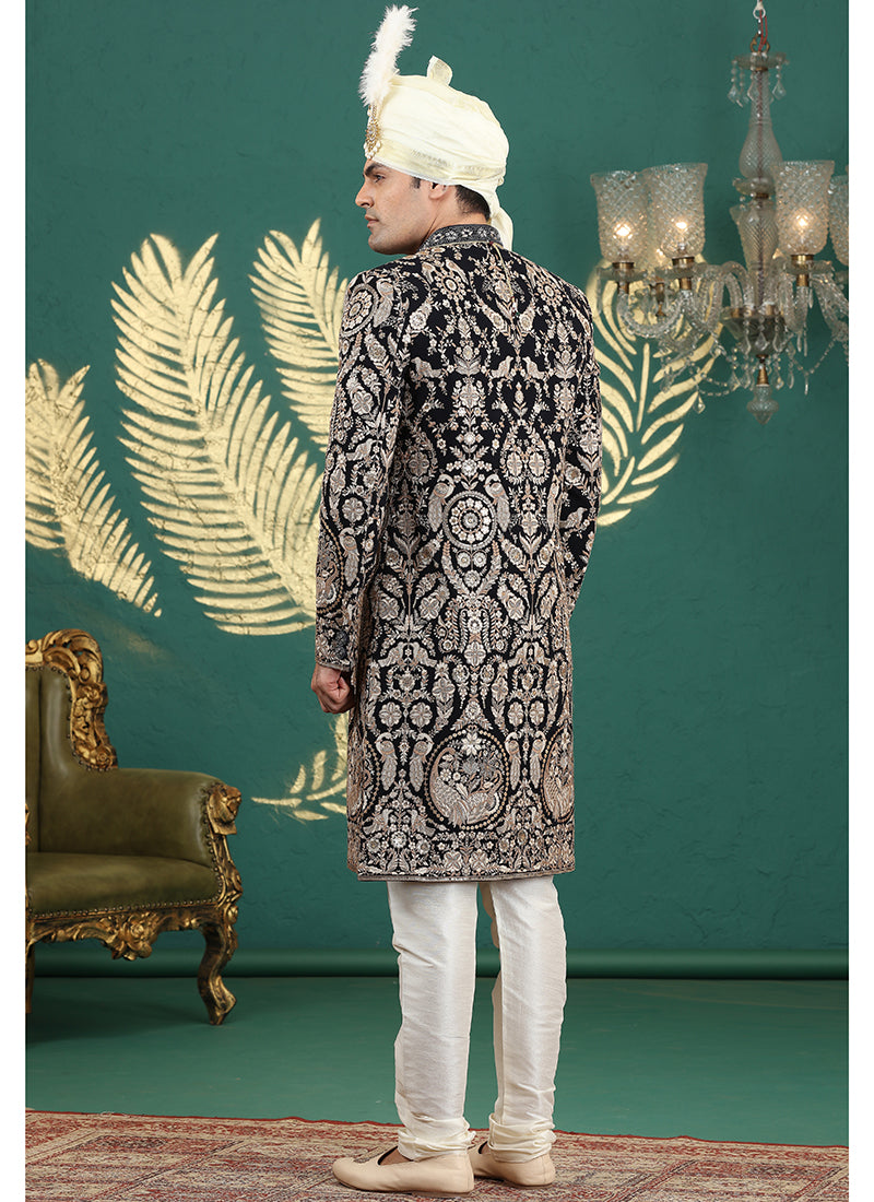 Art Silk Black Groom Wear Thread Work Readymade Groom Sherwani 385478