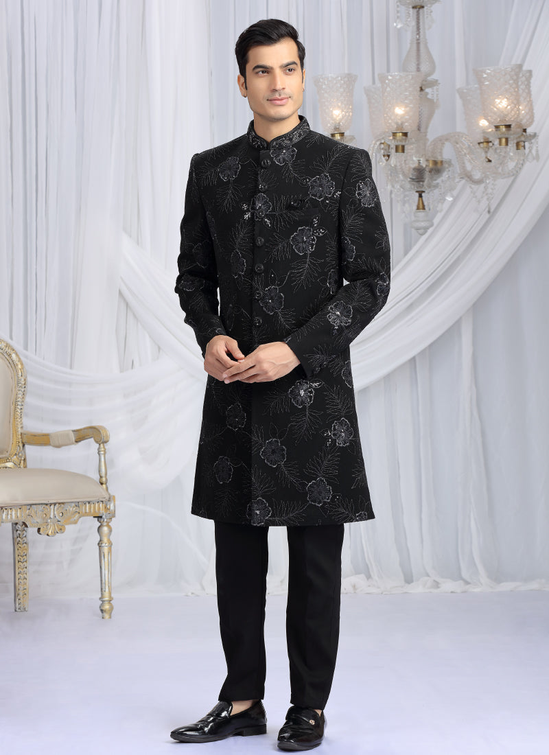 Art Silk Black Wedding Wear Computer Thread Work Readymade Indo Western Sherwani 386024