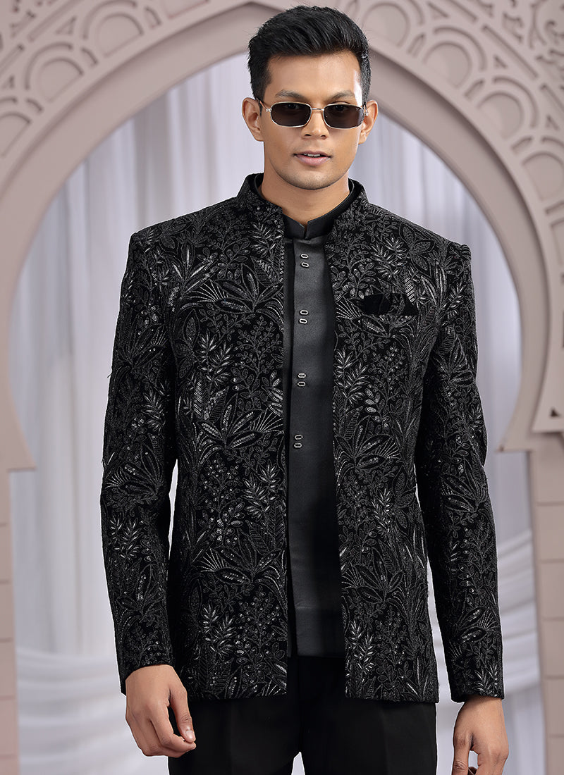 Art Silk Black Wedding Wear Pattern Pc Work Readymade Indo Western 385499