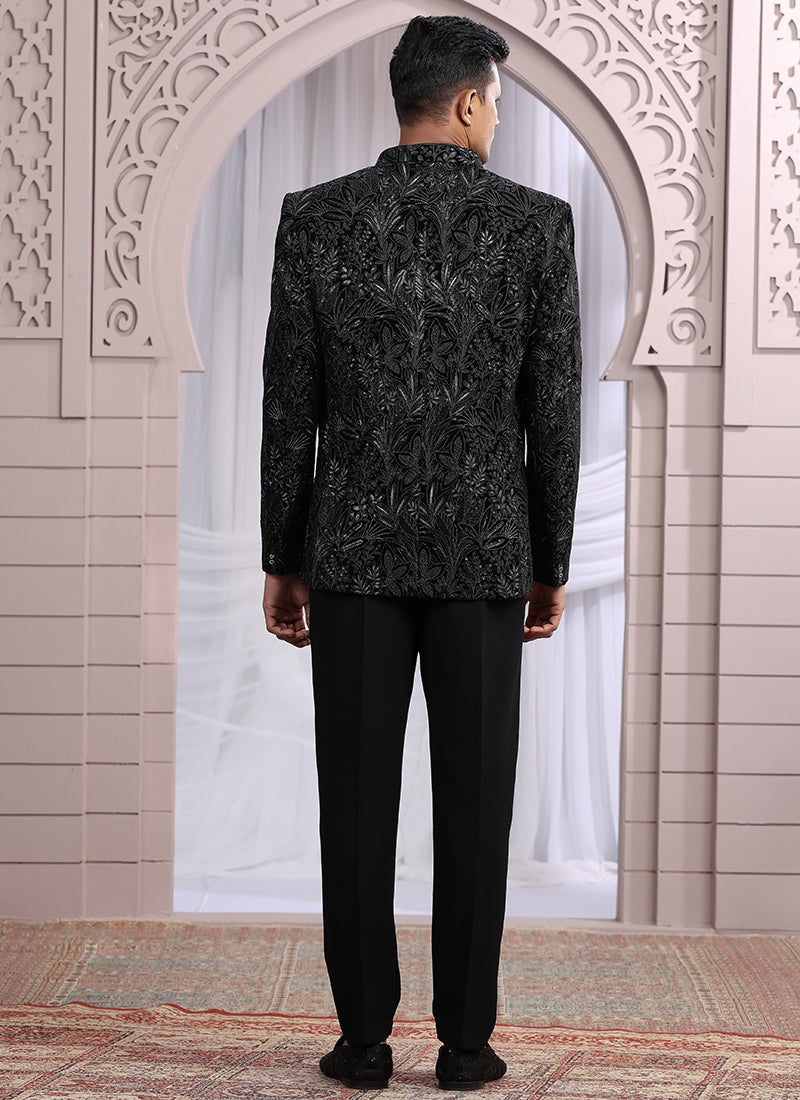 Art Silk Black Wedding Wear Pattern Pc Work Readymade Indo Western 385499